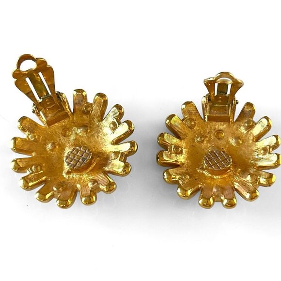 Vintage Swarovski Gold Enamel Crystal Sunburst Earrings - Picture 5 of 6